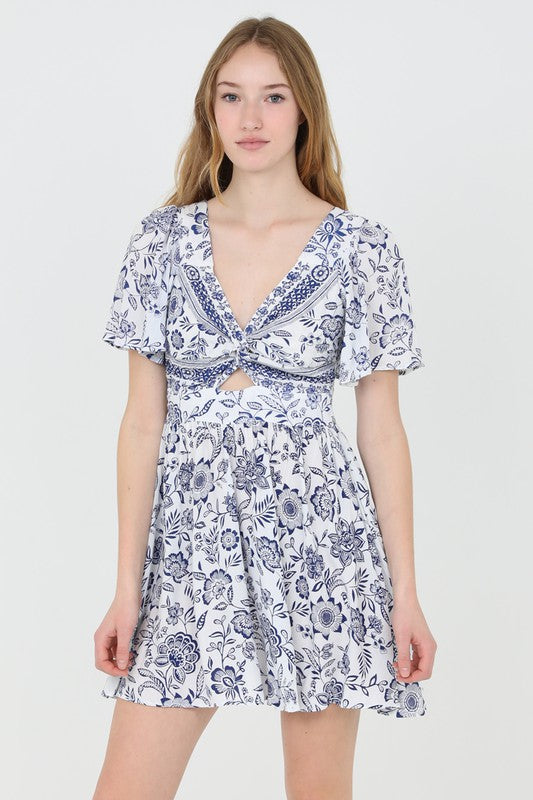 Laken Printed Cut Out Dress in Ivory & Blue Small Laken Printed Cut Out Dress in Ivory & Blue Small