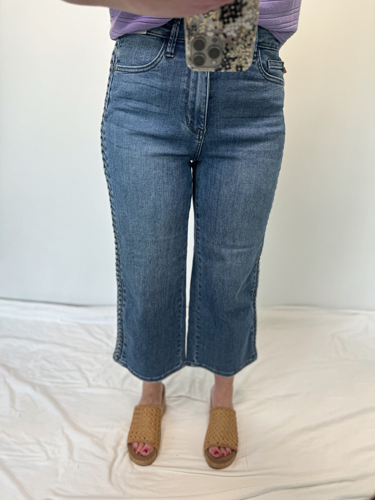 Judy Blue Braided High Waist Wide Cropped Jeans