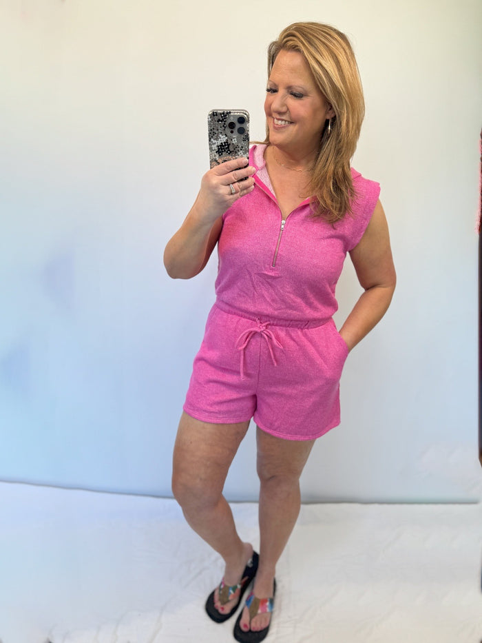 Seara Hooded Shorts Romper in Hot Pink