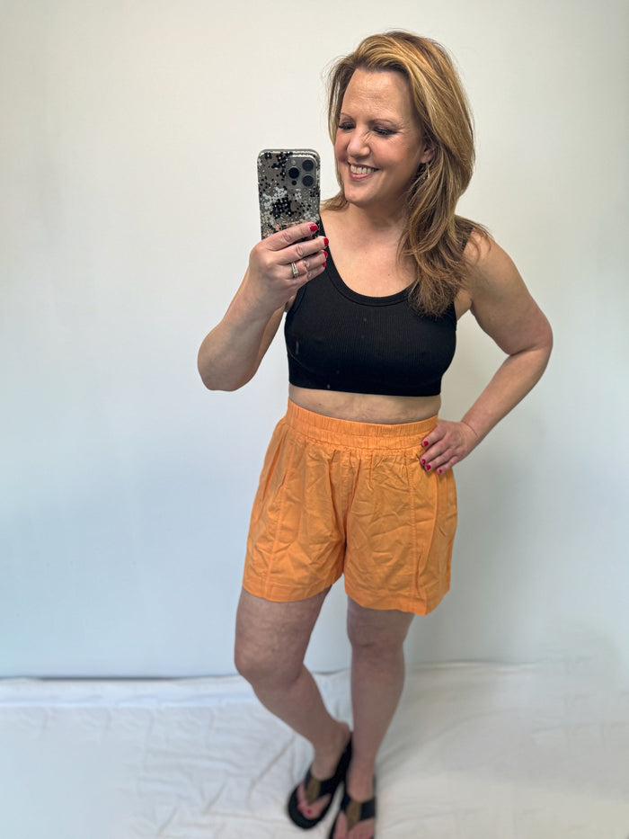 Carmella High Rise Elastic Waist Shorts in Orange