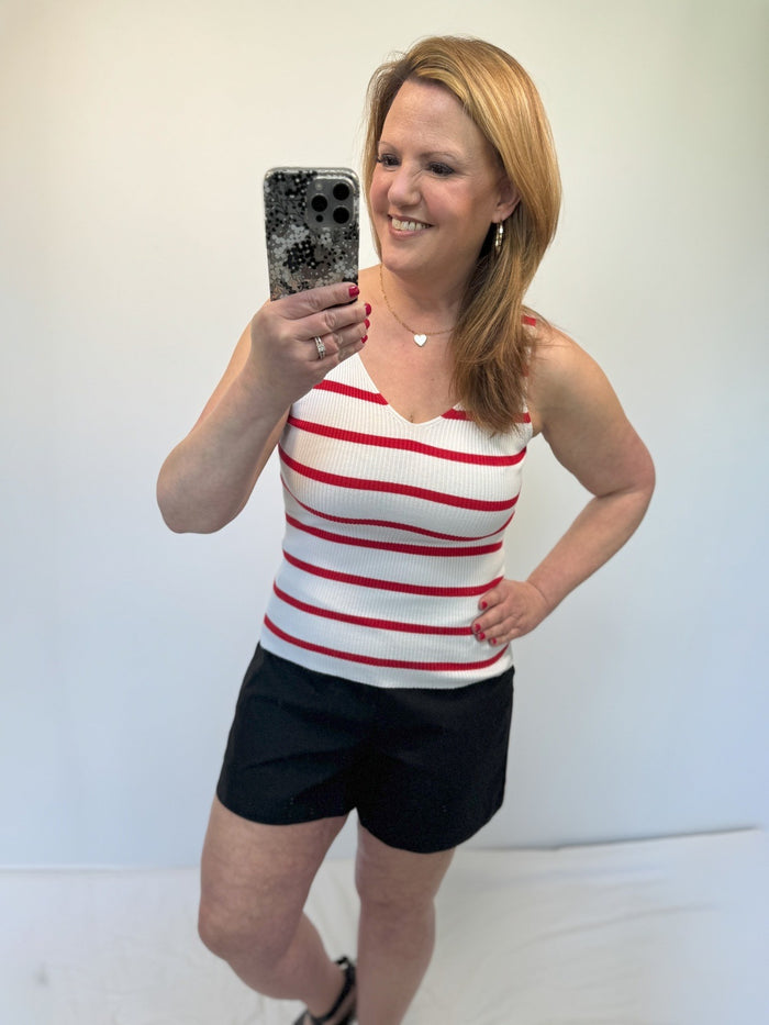 Hope Ribbed V-Neck Sweater Tank in Ivory & Red