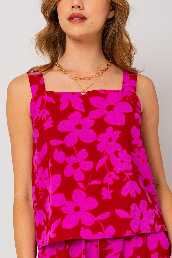 Eloise Floral Square Neck Tank in Red-Fuchsia Floral