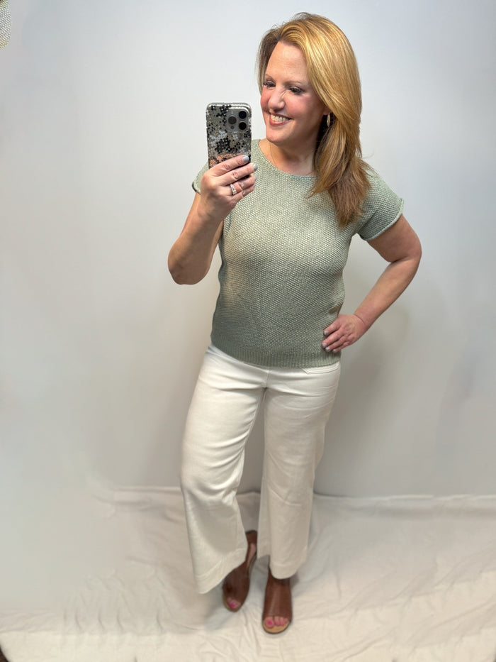 Lilah Wide Neck Short Sleeve Sweater in Sage