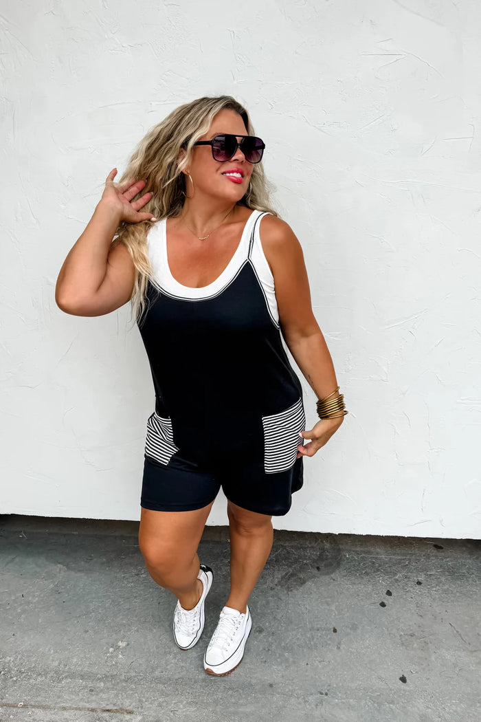 Blakely Taylor Stripe Pocket Romper in Black