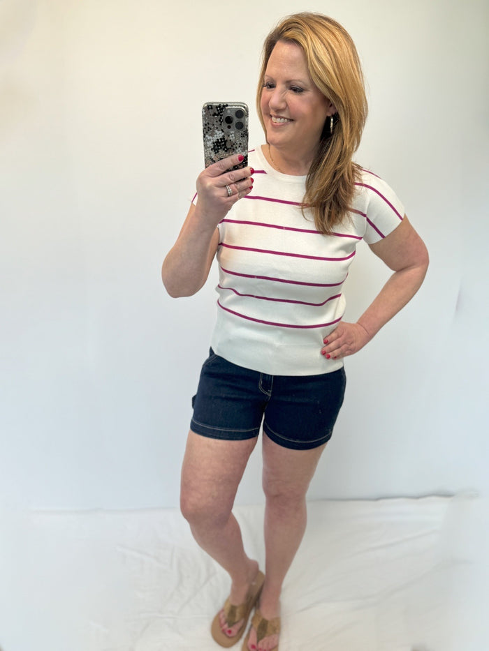 Remy Striped Short Sleeve Sweater in Ivory & Magenta