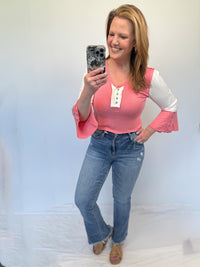 Lenora Vintage Wash Color Block Top in Watermelon Pink & White