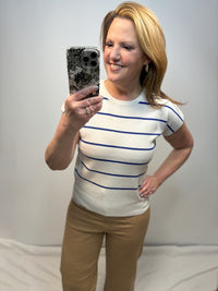Remy Striped Short Sleeve Sweater in Ivory/Navy