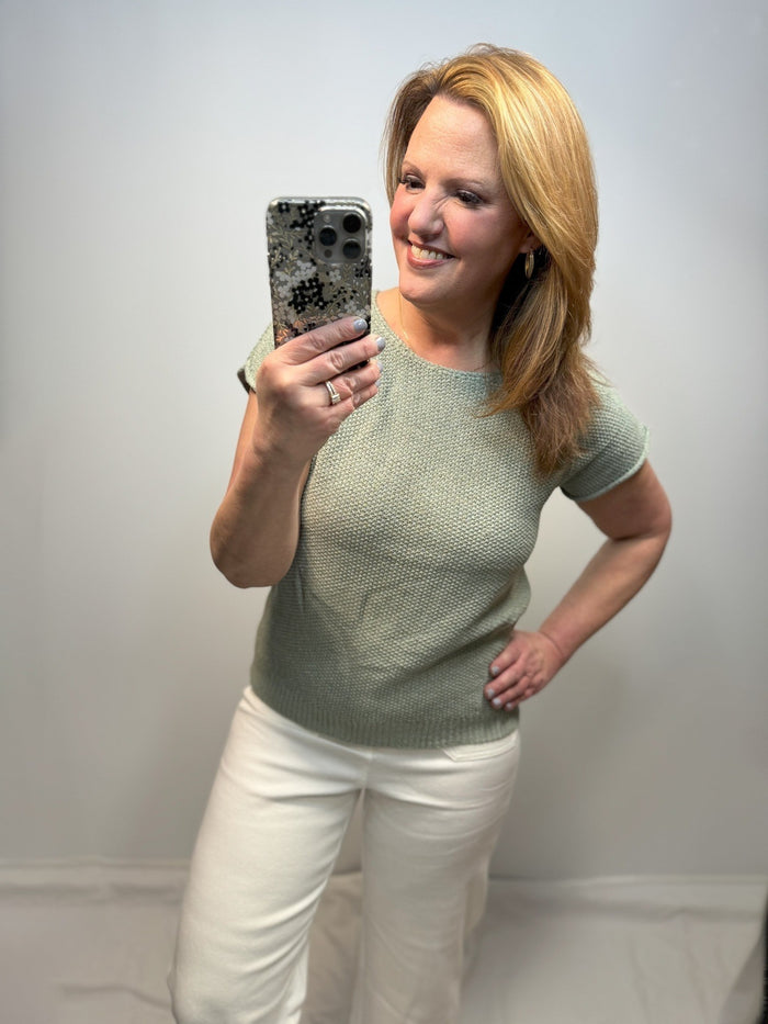 Lilah Wide Neck Short Sleeve Sweater in Sage