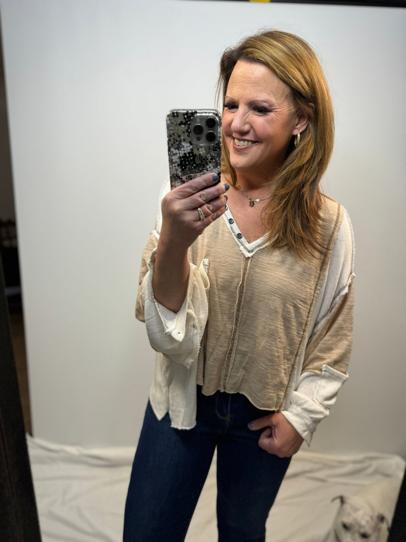 The Sandy Supreme Comfort Top in Ivory and Taupe