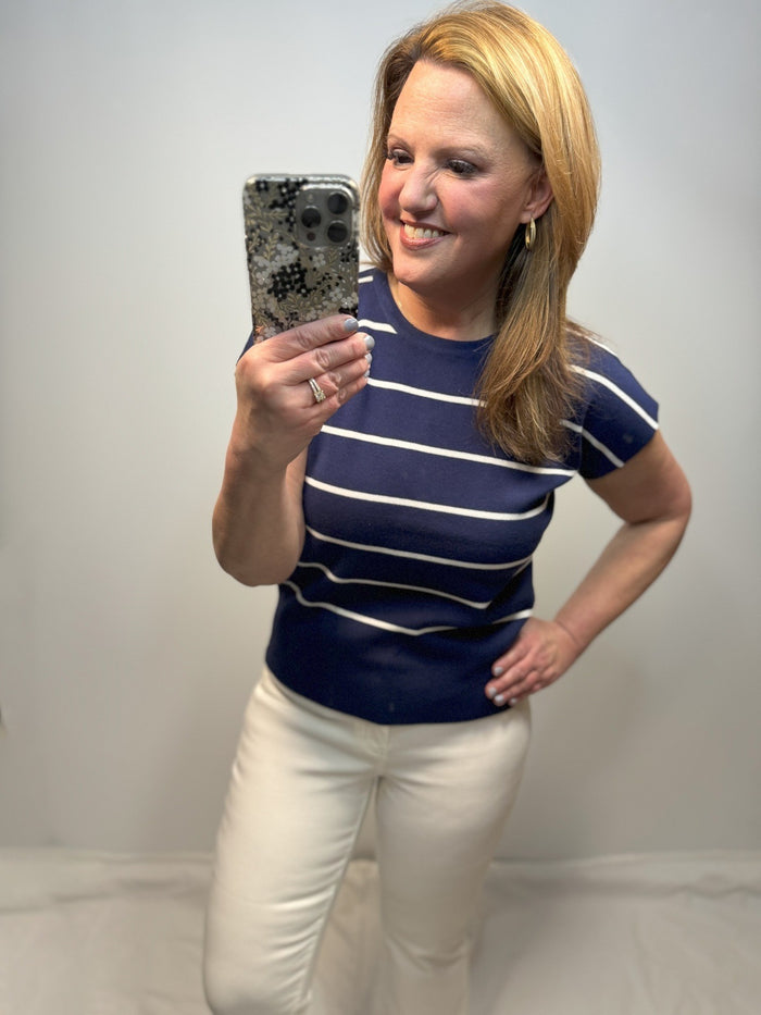 Remy Striped Short Sleeve Sweater in Navy & Ivory