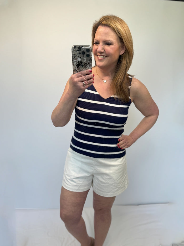 Hope Ribbed V-Neck Sweater Tank in Navy Stripe