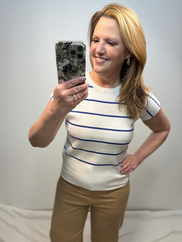 Remy Striped Short Sleeve Sweater in Ivory/Navy