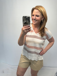 Marcella Short Sleeve Striped Sweater in Taupe & Rust