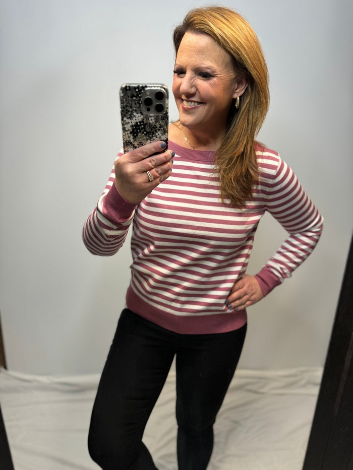 Seraphina Lightweight Sweater in Rose and Ivory Stripe