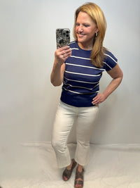 Remy Striped Short Sleeve Sweater in Navy & Ivory