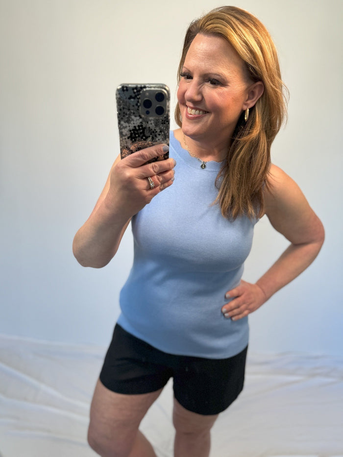 Adeline Scalloped Sleeveless Sweater Tank in Light Blue