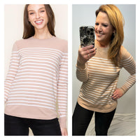 The Donna Lightweight Sweater in Taupe and Ivory Stripe.