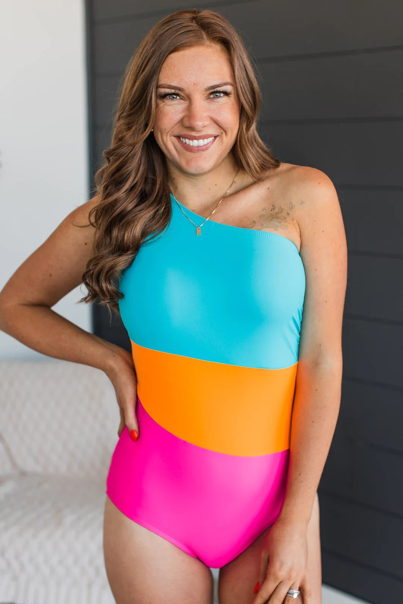 Tropical Dreams One-Piece Swimsuit in Blue, Orange, & Pink