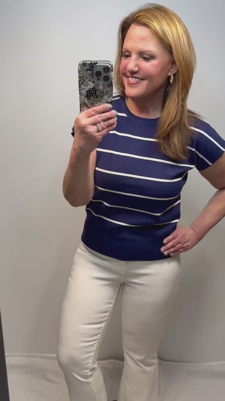 Remy Striped Short Sleeve Sweater in Navy & Ivory